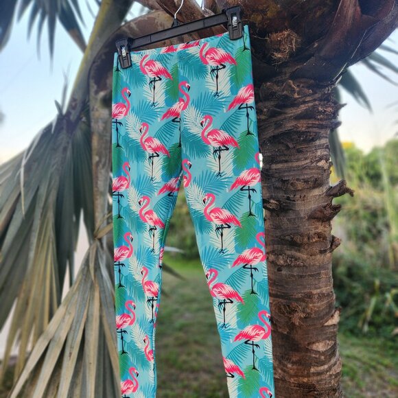 Flamingo Vibrant Blue & Pink Tropical Yoga Leggings- S - Picture 1 of 3